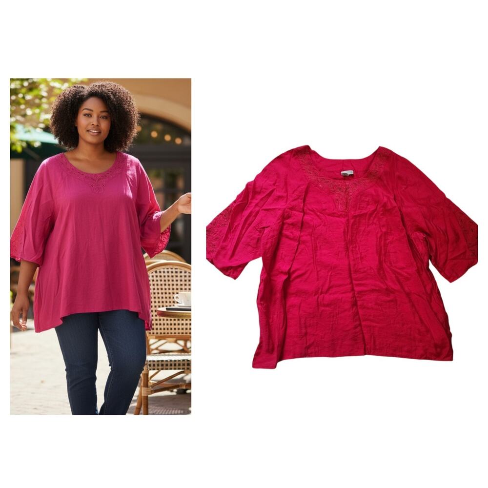 Catherines Womens Top Size 5X Pink 3/4 Sleeve Pullover Tunic Embroidered Eyelet